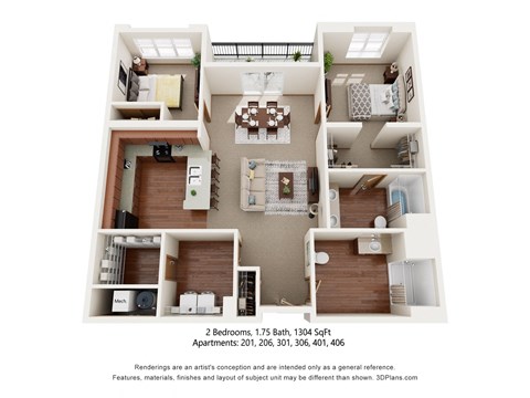 2 bedroom, 1.75 bath apartment with balcony.